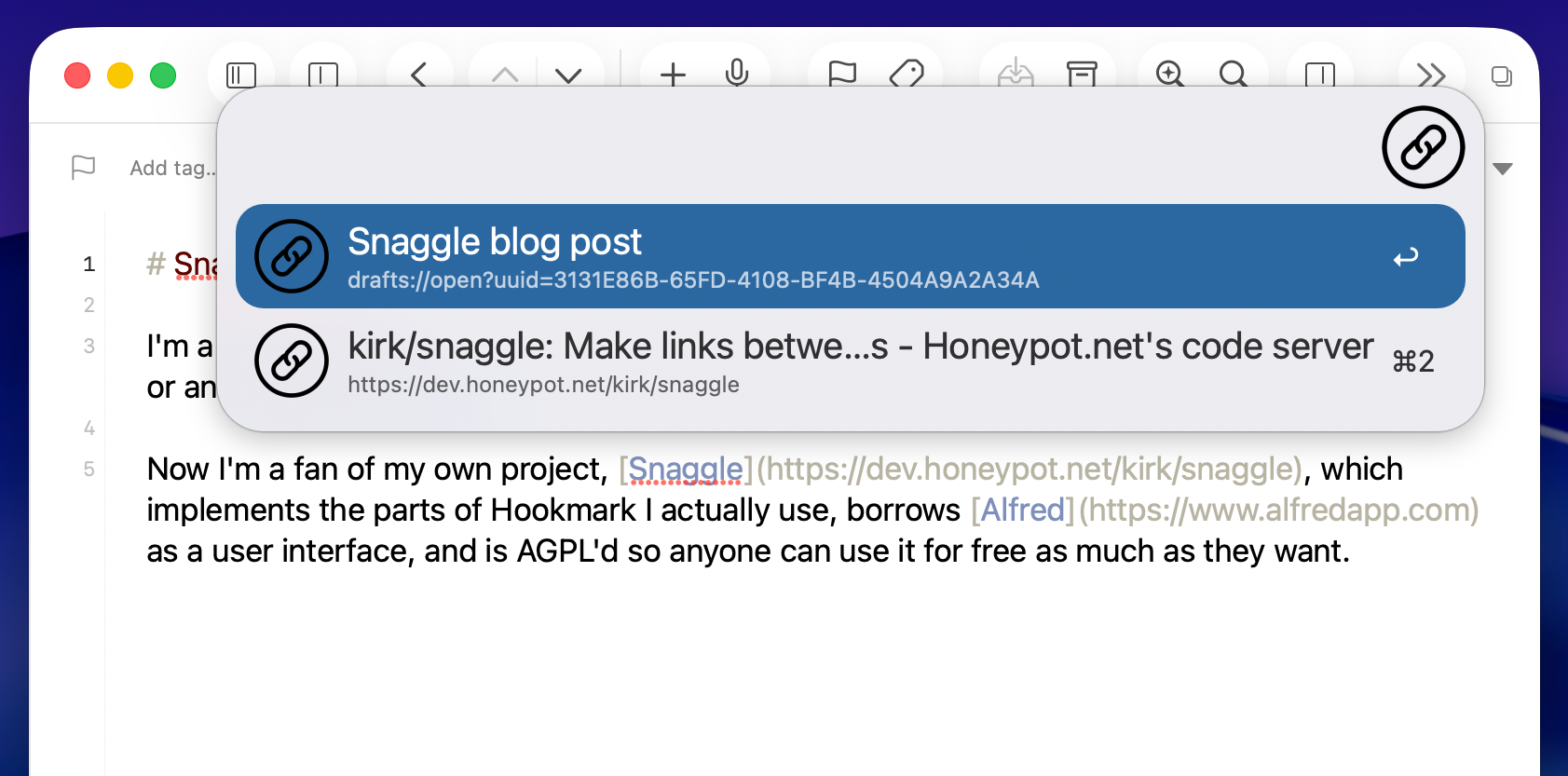 Snagging a link between a web page and a Drafts note
